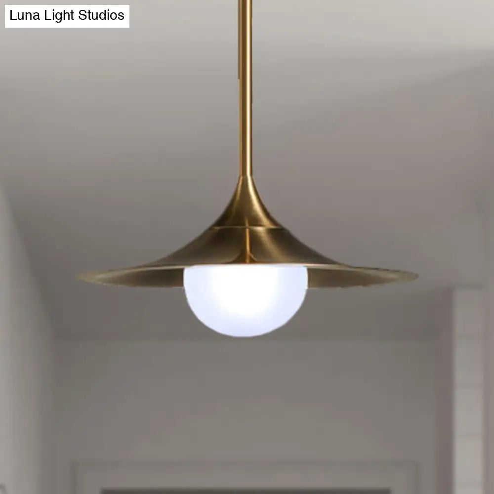 Mid Century Brass Finish Flared Ceiling Light - Frosted Glass Shade 1 Hallway Pendant