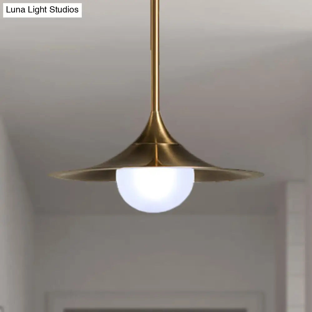 Mid Century Brass Flared Ceiling Light With Frosted Glass Shade - 1 Hallway Pendant