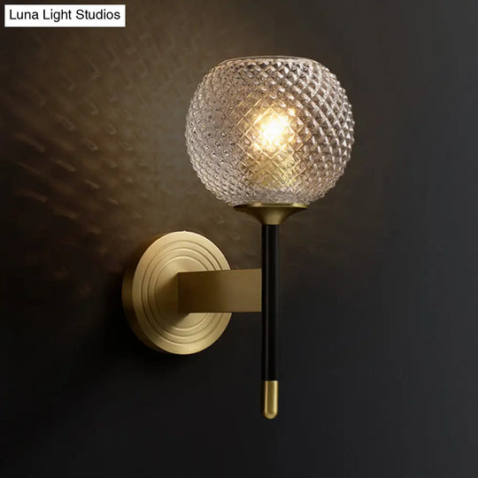 Mid-Century Brass Lattice Glass Wall Sconce - Flush Mount Lamp With Dome Shade Ideal For Corridors