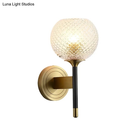 Mid-Century Brass Lattice Glass Wall Sconce - Flush Mount Lamp With Dome Shade Ideal For Corridors