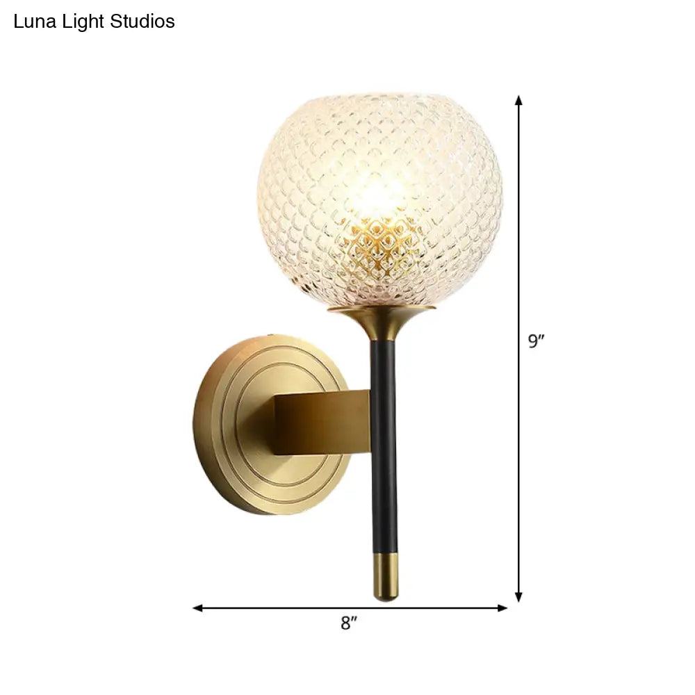 Mid-Century Brass Lattice Glass Wall Sconce - Flush Mount Lamp With Dome Shade Ideal For Corridors