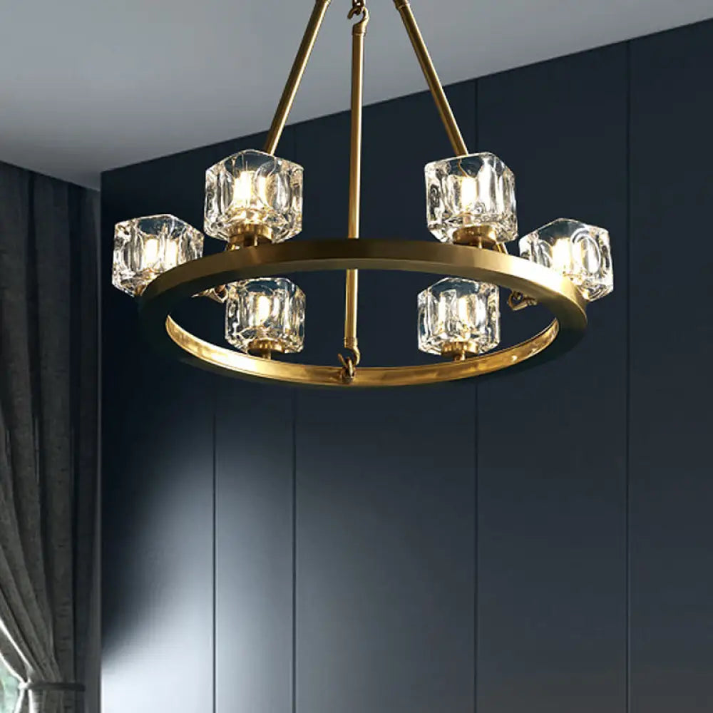 Mid-Century Brass Pendant Light: Ice Cube Crystal Chandelier With 6 Bulbs For Bedroom