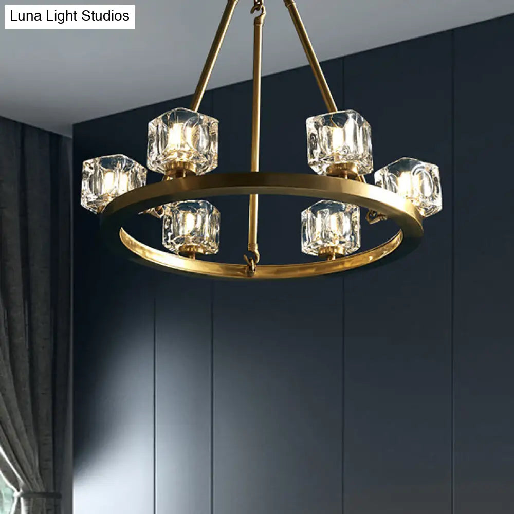 Ice Crystal Chandelier - Mid-Century Brass Pendant Light With 6 Bulbs For Bedroom