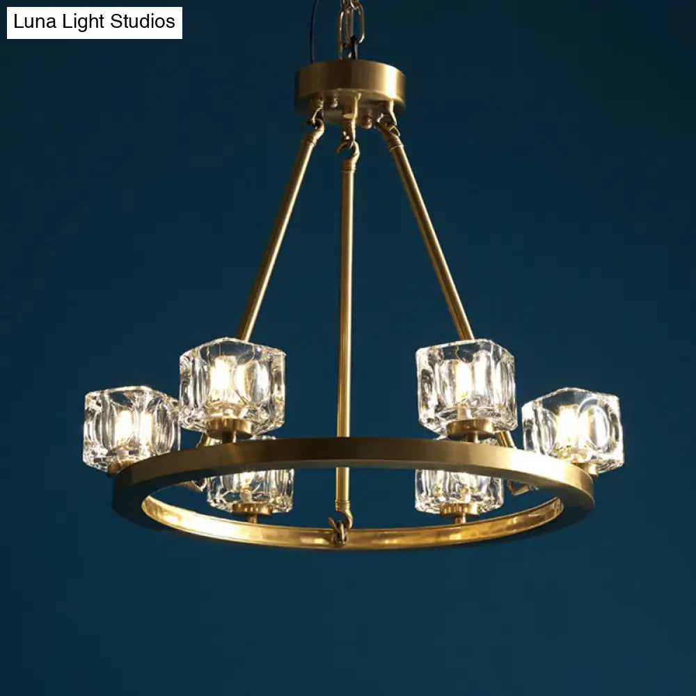 Mid-Century Brass Pendant Light: Ice Cube Crystal Chandelier With 6 Bulbs For Bedroom