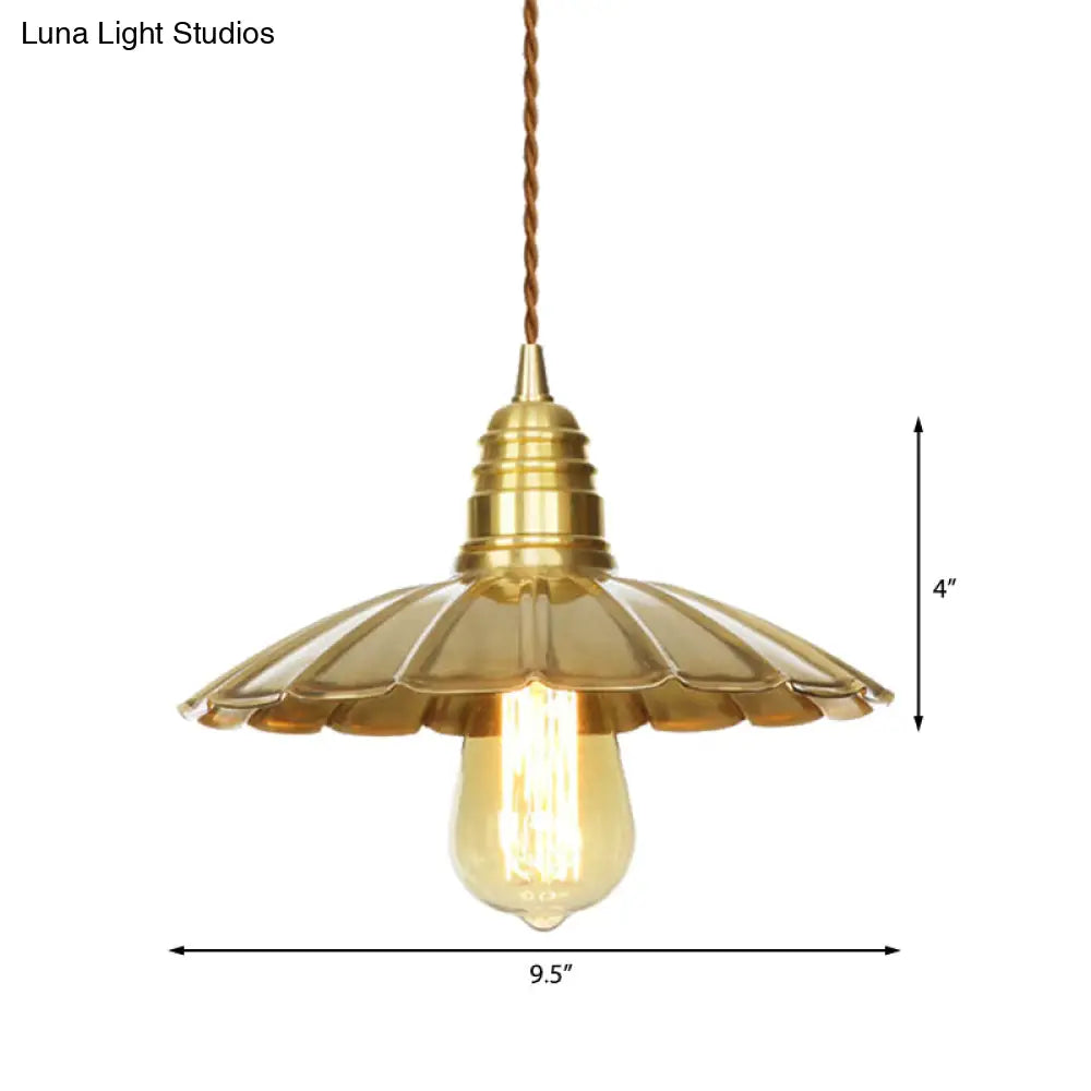 Mid-Century Brass Pendant Light With Amber Glass Shade For Dining Tables (9.5’/8’ W 1 Bulb)