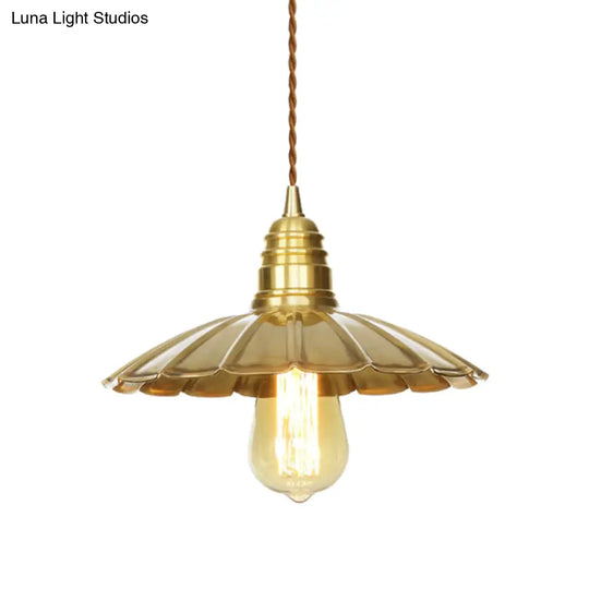 Mid-Century Brass Pendant Light With Amber Glass Shade For Dining Tables (9.5’/8’ W 1 Bulb)