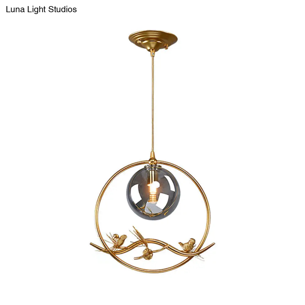 Mid-Century Brass Ring Pendant Ceiling Lamp With Amber/Smoke Grey Glass Shade And Bird Deco