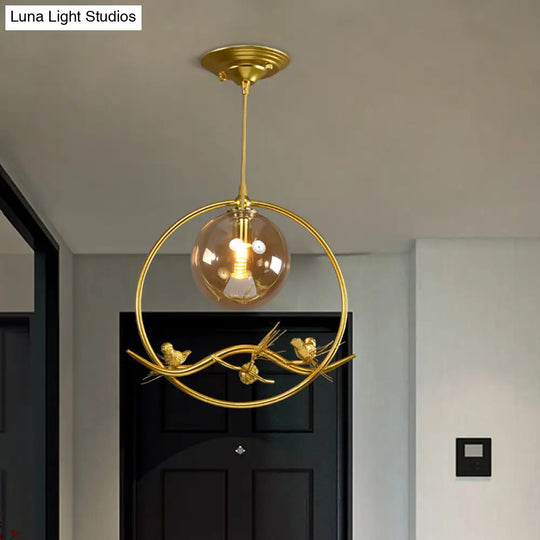 Mid-Century Brass Ring Pendant Ceiling Lamp With Amber/Smoke Grey Glass Shade And Bird Deco