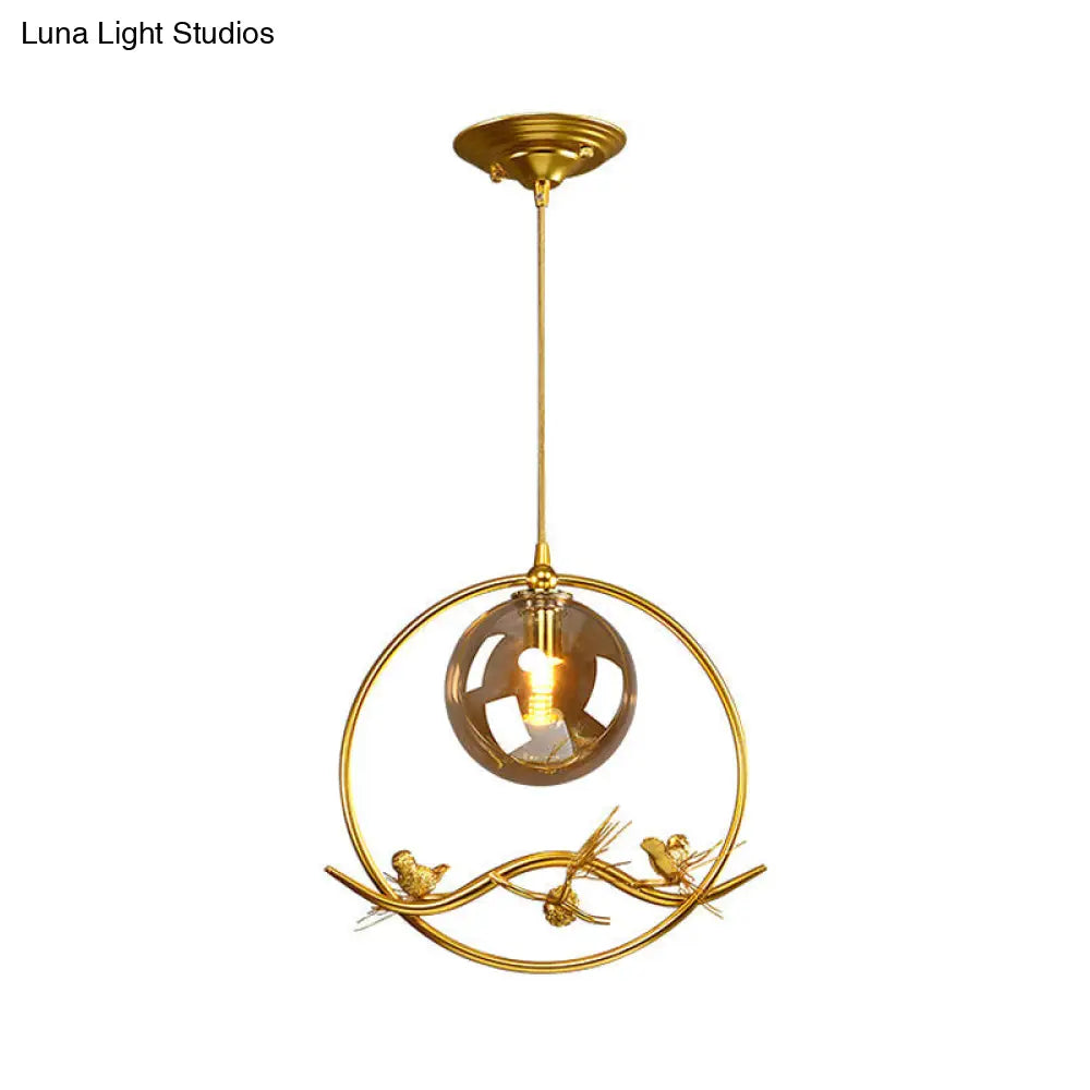 Mid-Century Single Bulb Brass Ring Pendant Ceiling Lamp With Amber/Smoke Grey Glass Shade And Bird