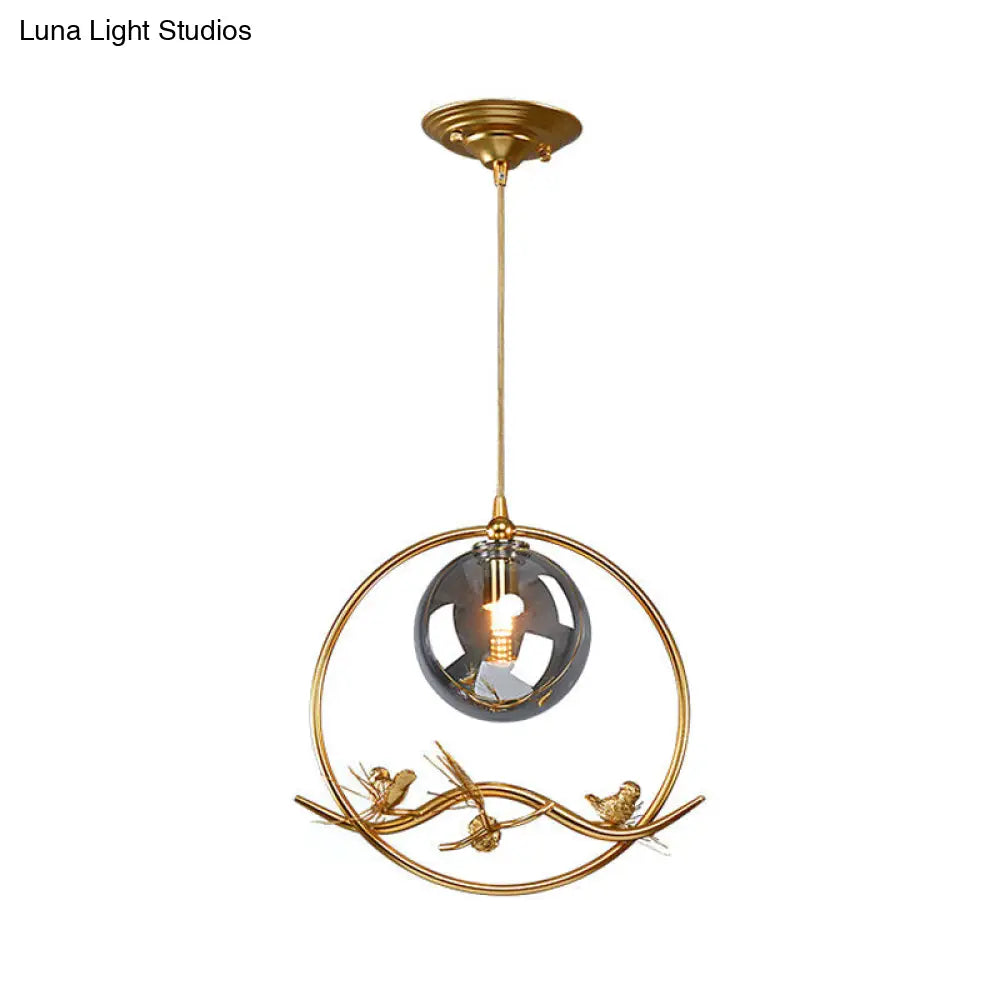 Mid-Century Single Bulb Brass Ring Pendant Ceiling Lamp With Amber/Smoke Grey Glass Shade And Bird