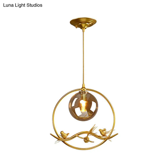 Mid-Century Brass Ring Pendant Ceiling Lamp With Amber/Smoke Grey Glass Shade And Bird Deco