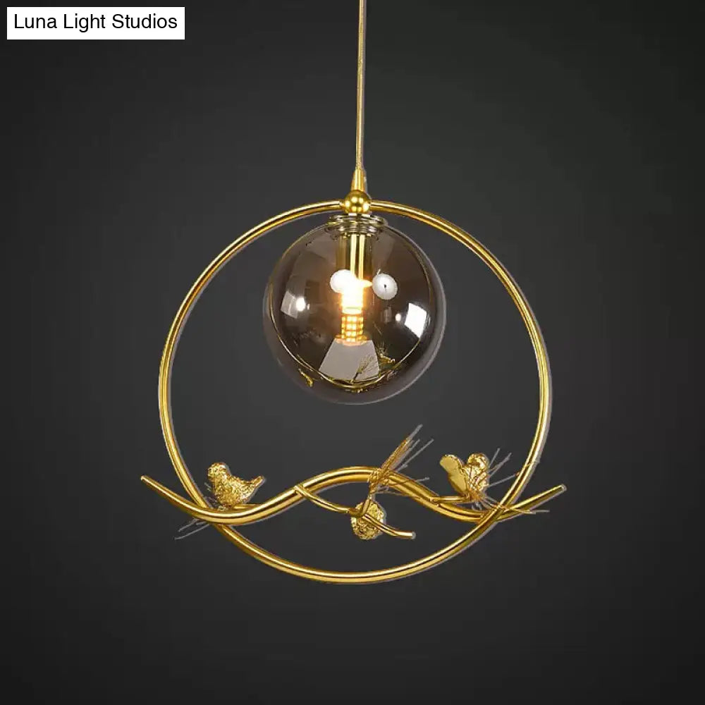 Mid-Century Single Bulb Brass Ring Pendant Ceiling Lamp With Amber/Smoke Grey Glass Shade And Bird