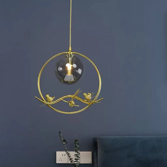 Mid-Century Brass Ring Pendant Ceiling Lamp With Amber/Smoke Grey Glass Shade And Bird Deco Smoke