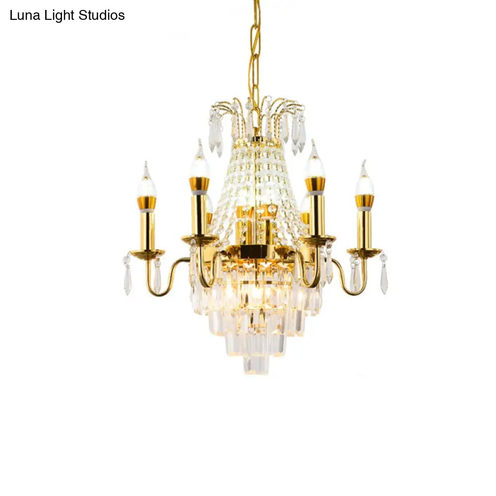 Mid-Century Crystal Chandelier: Gold 6-Head Sputnik Hanging Lamp For Living Room