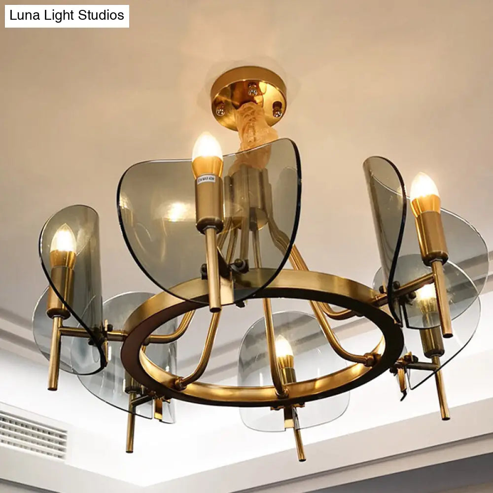 Mid-Century Curved Glass Chandelier Lamp - 6/8-Bulb Gold Hanging Light Fixture With Open Bulb Design