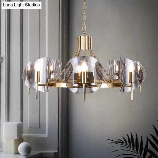 Mid-Century Curved Glass Chandelier Lamp - 6/8-Bulb Gold Hanging Light Fixture With Open Bulb Design