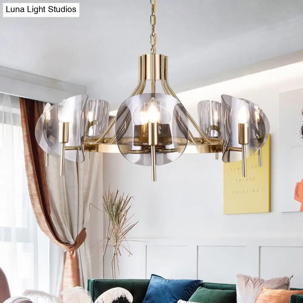 Mid-Century Curved Glass Chandelier Lamp - 6/8-Bulb Gold Hanging Light Fixture With Open Bulb Design