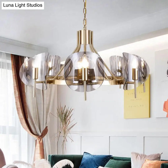 Mid-Century Curved Glass Chandelier Lamp - 6/8-Bulb Gold Hanging Light Fixture With Open Bulb Design