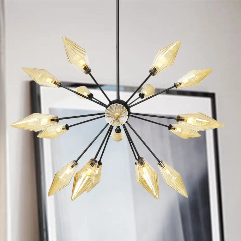 Mid-Century Diamond Shade Chandelier - Amber/Clear Ribbed Glass 9/12/15 Lights Living Room Pendant