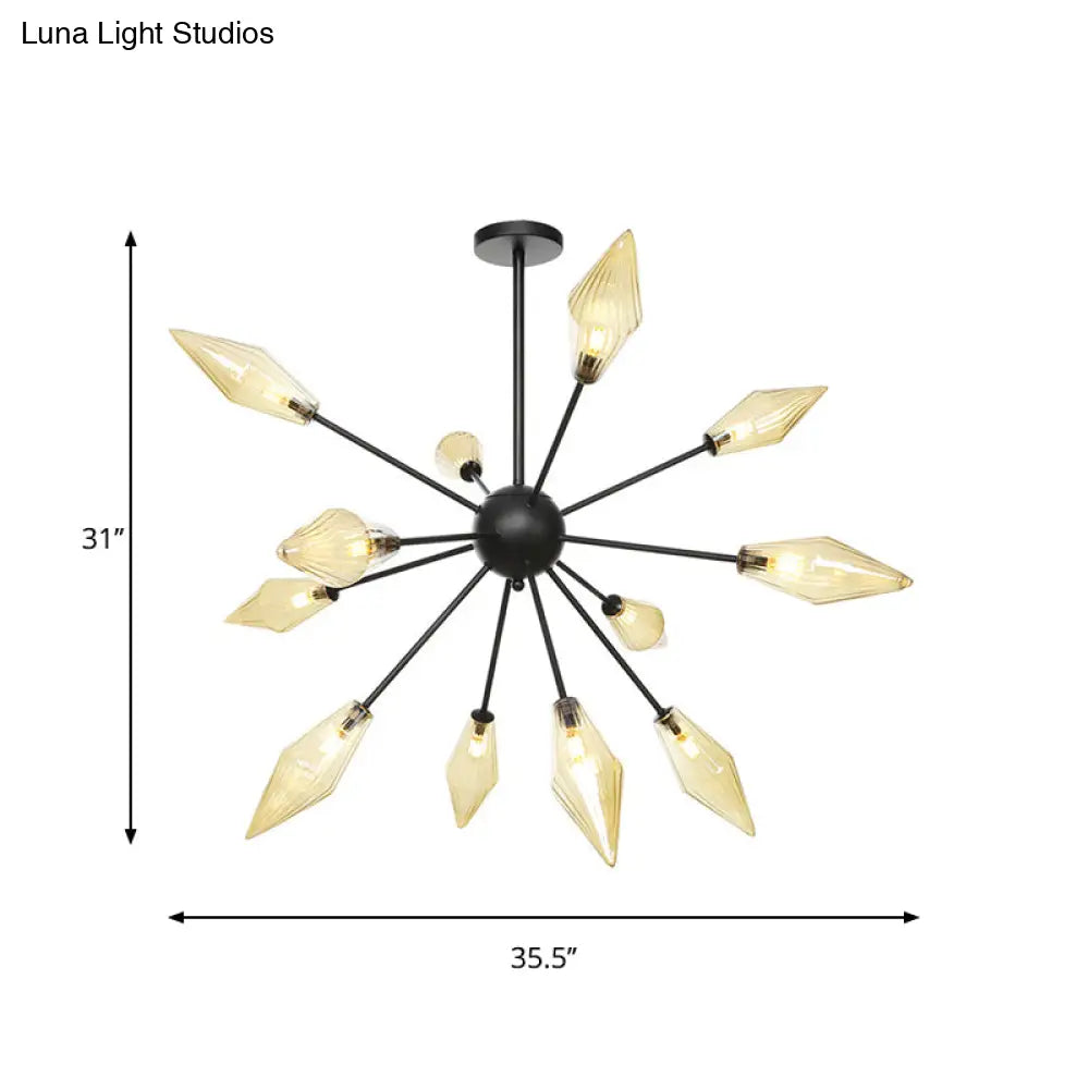 Mid-Century Diamond Shade Chandelier - Amber/Clear Ribbed Glass 9/12/15 Lights Living Room Pendant