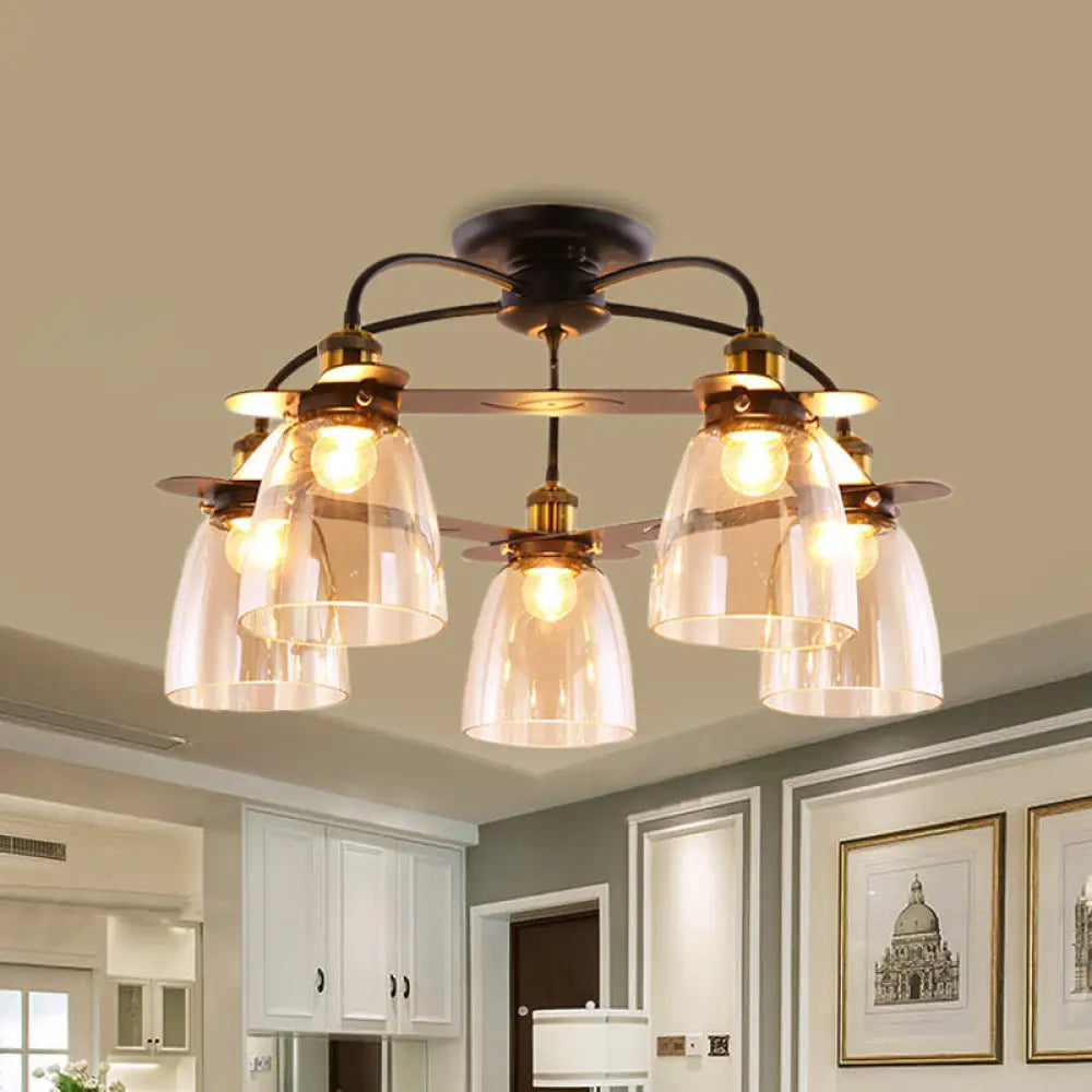 Mid Century Dome Shade Chandelier: Semi Flush Cognac Glass Ceiling Mount With 5 Bulbs – Black