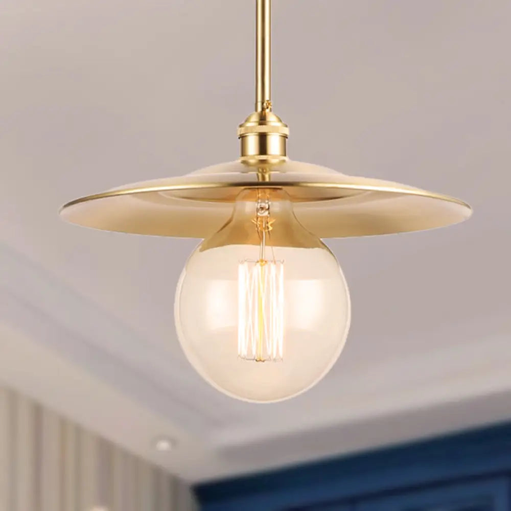 Mid Century Flat Shade Ceiling Pendant Light In Brass Finish - 1 Bulb Metallic Fixture For Table