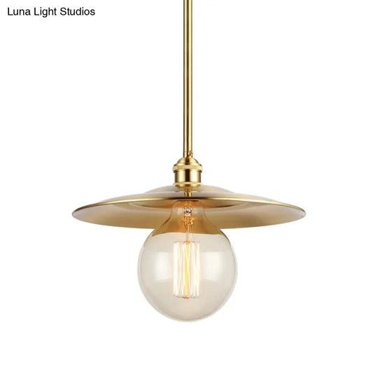 Mid Century Flat Shade Ceiling Pendant Light In Brass Finish - 1 Bulb Metallic Fixture For Table