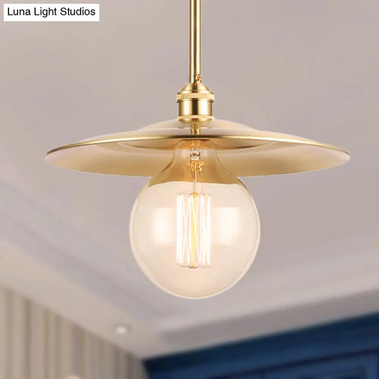 Brass Finish Pendant Light - Mid Century Flat Shade Ceiling Fixture Perfect For Table Lighting