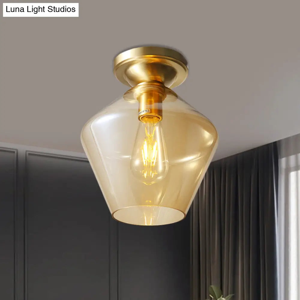 Mid Century Glamour: Cognac Glass Diamond Shaped Brass Flush Mount Ceiling Lamp - Single 9/15 Wide