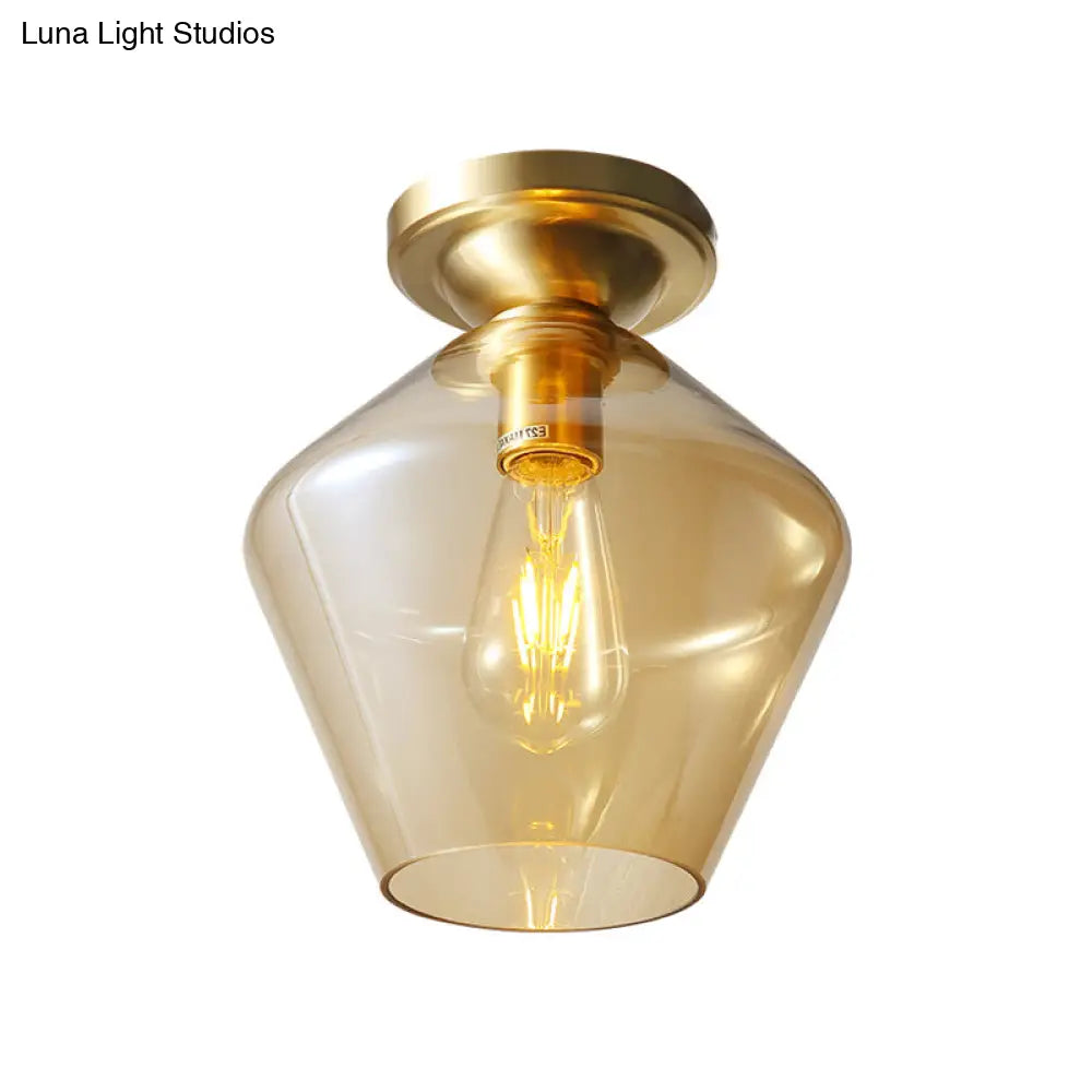 Mid Century Glamour: Cognac Glass Diamond Shaped Brass Flush Mount Ceiling Lamp - Single 9/15 Wide