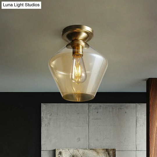 Mid Century Glamour: Cognac Glass Diamond Shaped Brass Flush Mount Ceiling Lamp - Single 9/15 Wide