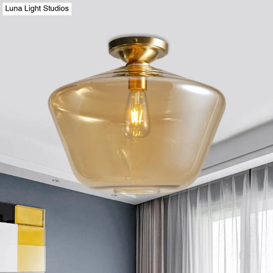 Mid Century Glamour: Cognac Glass Diamond Shaped Brass Flush Mount Ceiling Lamp - Single 9/15 Wide /