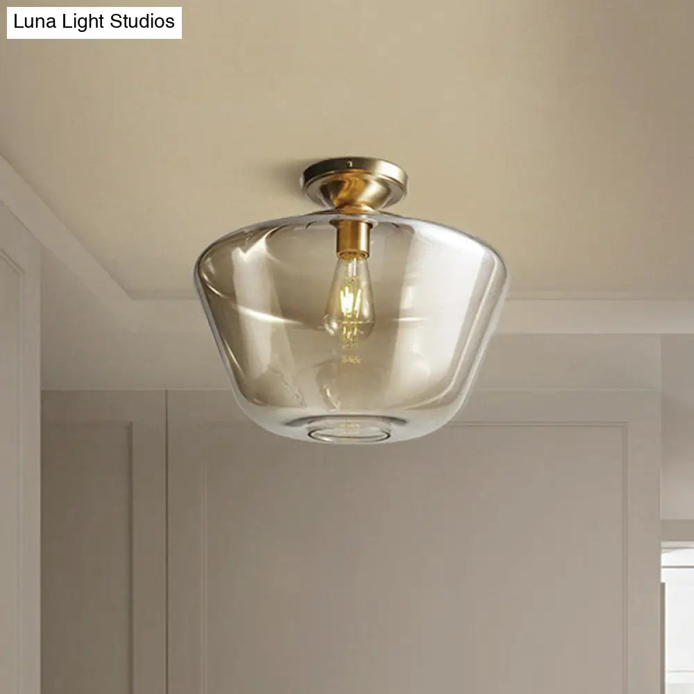 Mid Century Glamour: Cognac Glass Diamond Shaped Brass Flush Mount Ceiling Lamp - Single 9/15 Wide