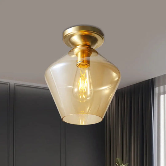 Mid Century Glamour: Cognac Glass Diamond Shaped Brass Flush Mount Ceiling Lamp - Single 9’/15’