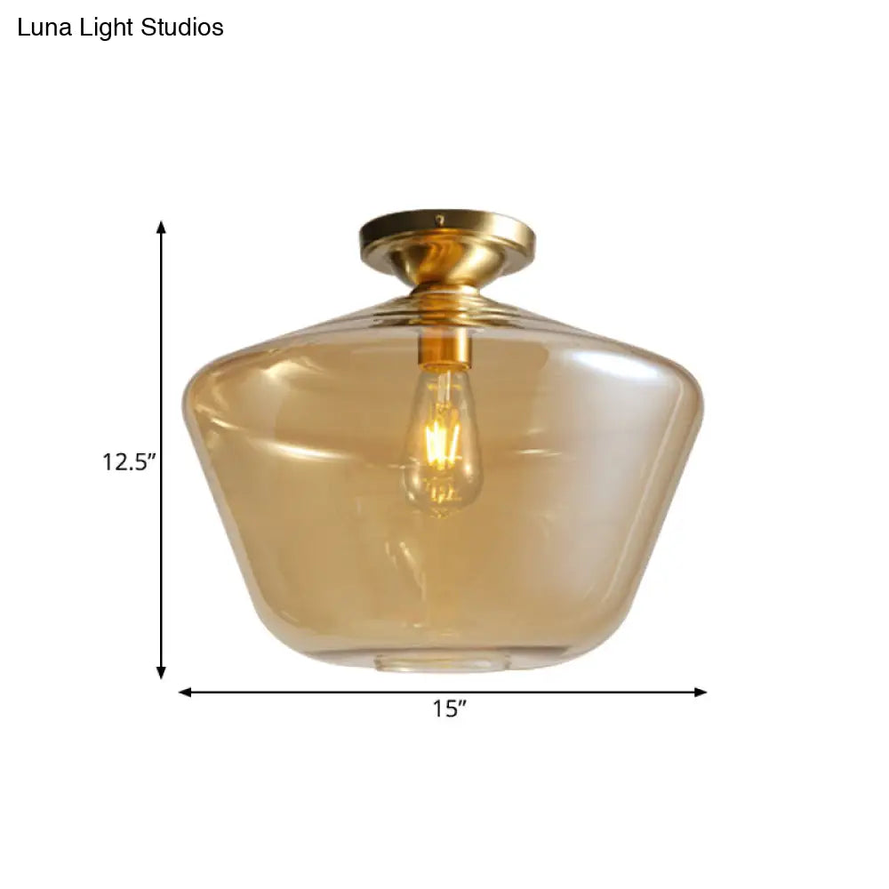 Mid Century Glamour: Cognac Glass Diamond Shaped Brass Flush Mount Ceiling Lamp - Single 9/15 Wide