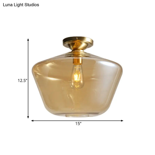 Mid Century Glamour: Cognac Glass Diamond Shaped Brass Flush Mount Ceiling Lamp - Single 9/15 Wide