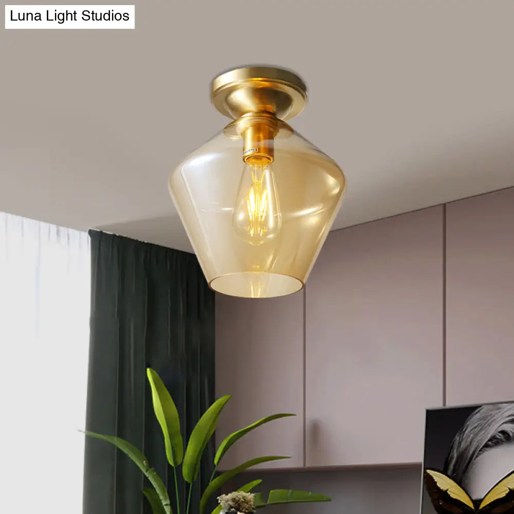 Mid Century Glamour: Cognac Glass Diamond Shaped Brass Flush Mount Ceiling Lamp - Single 9’/15’