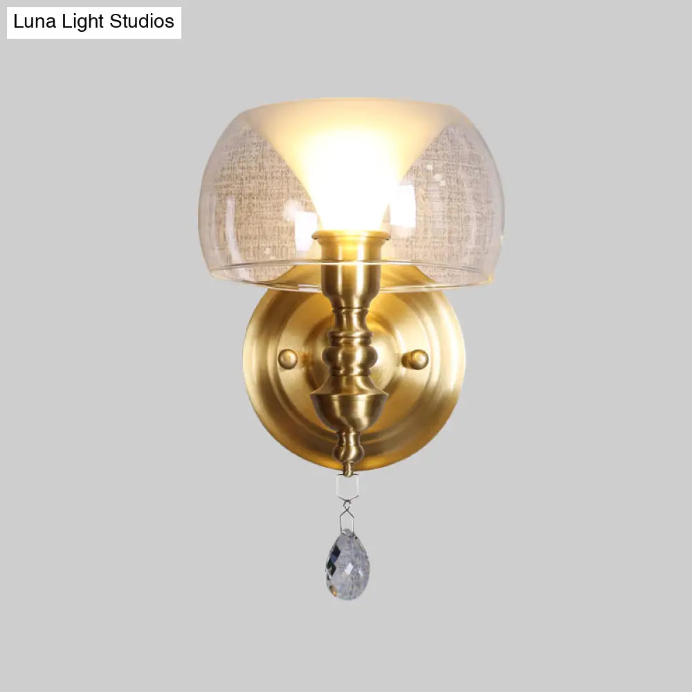 Mid Century Glass Wall Sconce With Brass Base And Crystal Droplet - Perfect For Small Spaces