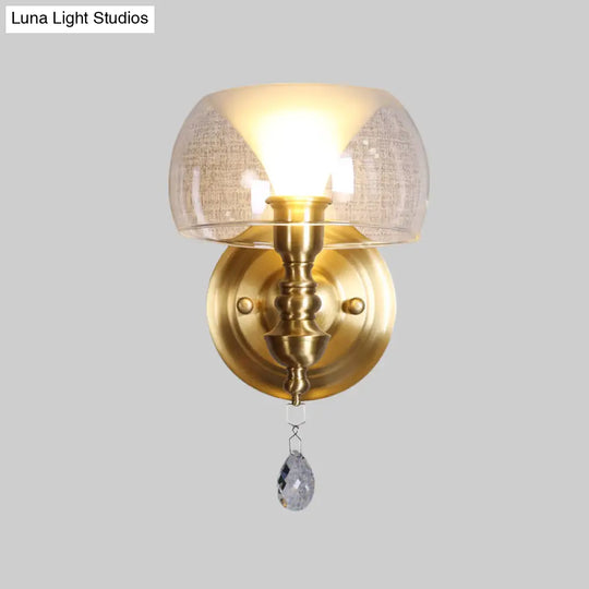 Mid Century Glass Wall Sconce With Brass Base And Crystal Droplet - Perfect For Small Spaces