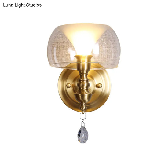 Mid Century Glass Wall Sconce With Brass Base And Crystal Droplet - Perfect For Small Spaces