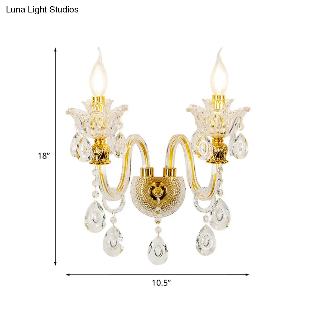 Mid-Century Gold 2-Light Candelabra Sconce: Clear Crystal Glass Wall Lamp For Living Room