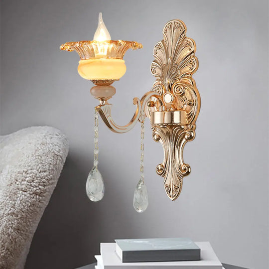 Mid-Century Gold Floral Crystal Wall Sconce For Bedside Lighting 1 /