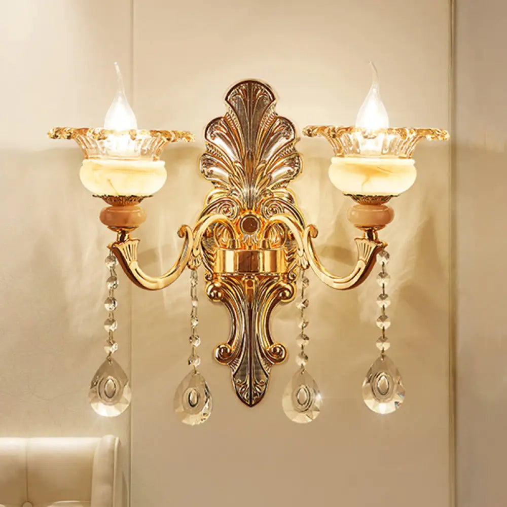 Mid-Century Gold Floral Crystal Wall Sconce For Bedside Lighting 2 /