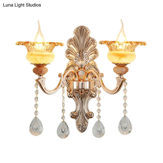 Mid-Century Gold Floral Crystal Wall Sconce For Bedside Lighting