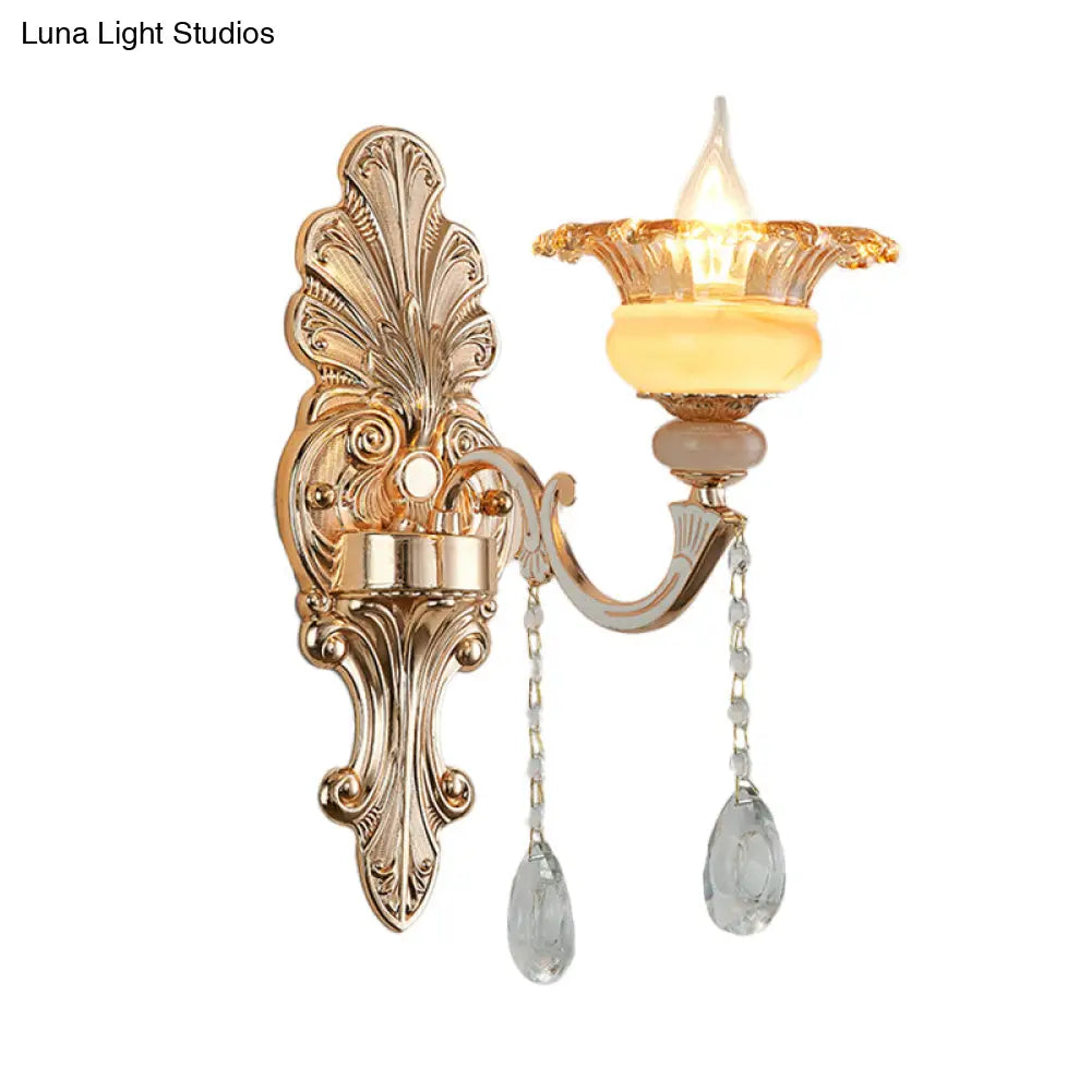 Mid-Century Gold Floral Crystal Wall Sconce For Bedside Lighting