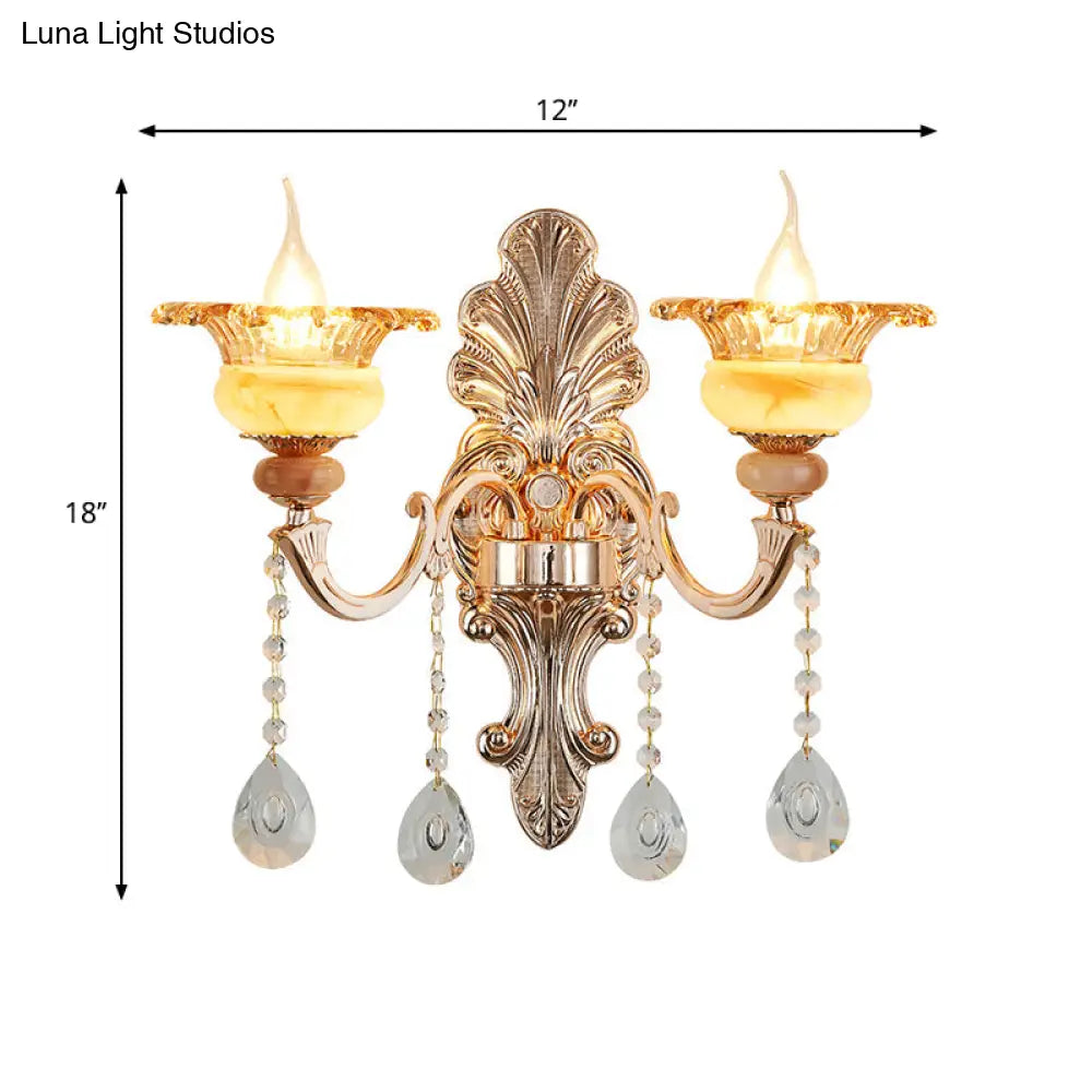 Mid-Century Gold Floral Crystal Wall Sconce For Bedside Lighting