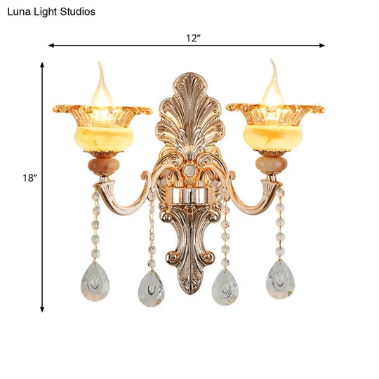 Mid-Century Gold Floral Crystal Wall Sconce For Bedside Lighting