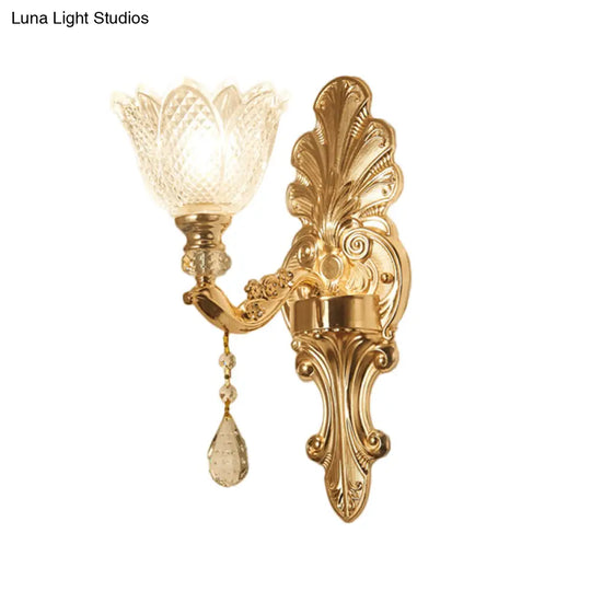 Mid-Century Gold Latticed Glass Wall Sconce - Flower Clear 1/2-Light Hallway Lighting