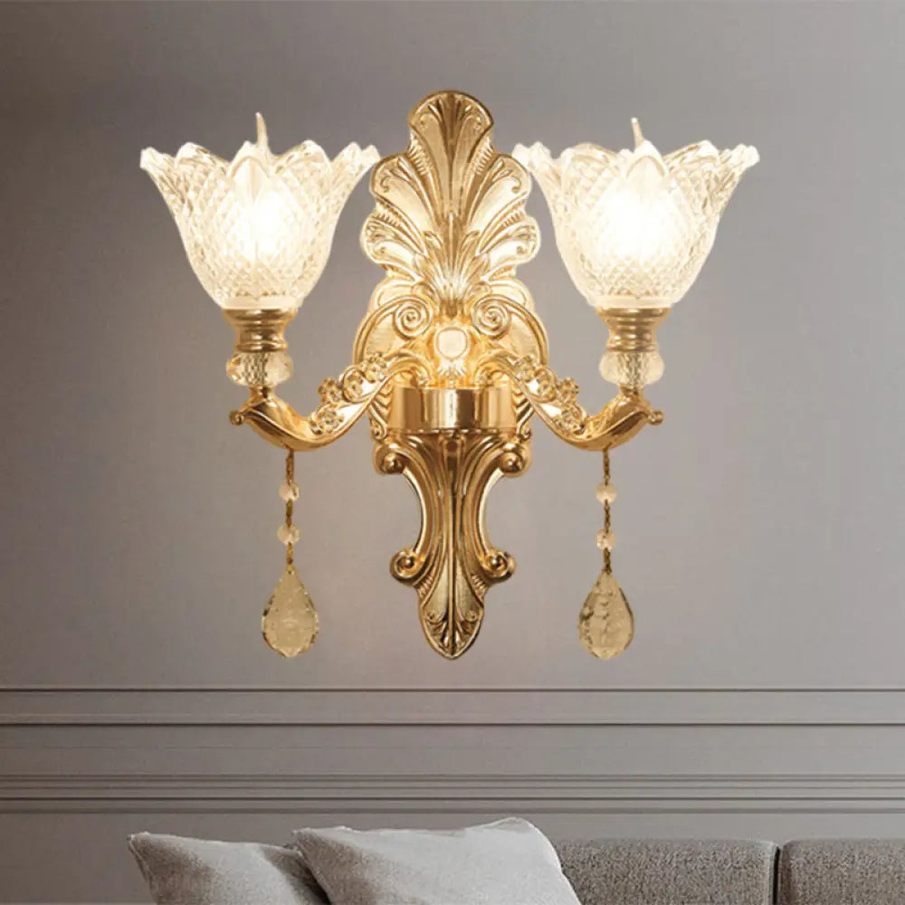 Mid-Century Gold Latticed Glass Wall Sconce - Flower Clear 1/2-Light Hallway Lighting 2 /