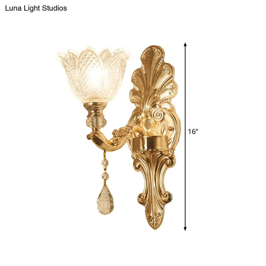 Mid-Century Gold Latticed Glass Wall Sconce - Flower Clear 1/2-Light Hallway Lighting